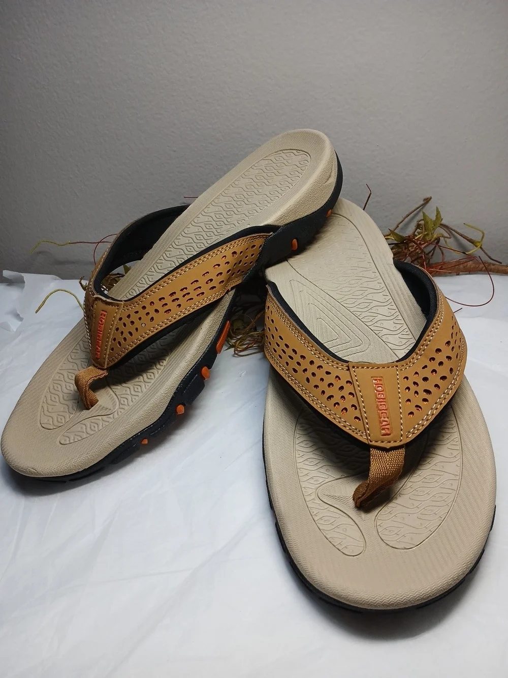 Hobibear Men's Beige/Tan Perforated Flip Flops - Comfort Trail Sandals